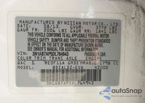 2013 Nissan Sentra Sv из США, поврежденный, VIN 3N1AB7AP5DL764943